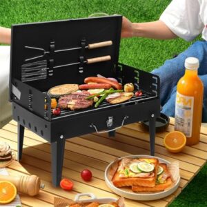 KAMNIK Portable Charcoal Grill, Multi-functional Metal Small BBQ Smoker Foldable Camping Grill with Barbecue Accessories & Lid Lightweight Barbecue Grill Tools for Outdoor Cooking Camp Picnic