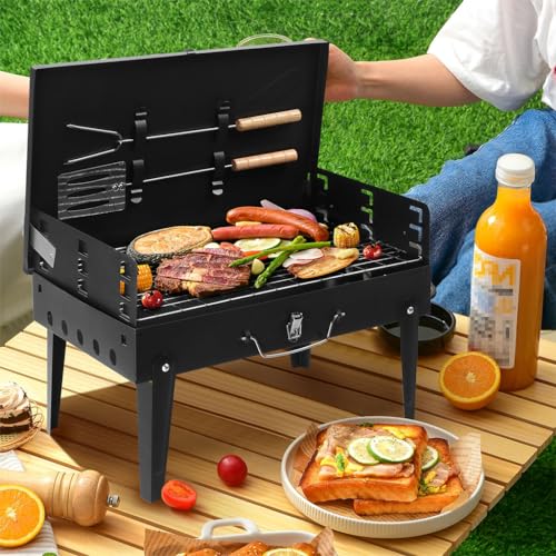 KAMNIK Portable Charcoal Grill, Multi-functional Metal Small BBQ Smoker Foldable Camping Grill with Barbecue Accessories & Lid Lightweight Barbecue Grill Tools for Outdoor Cooking Camp Picnic