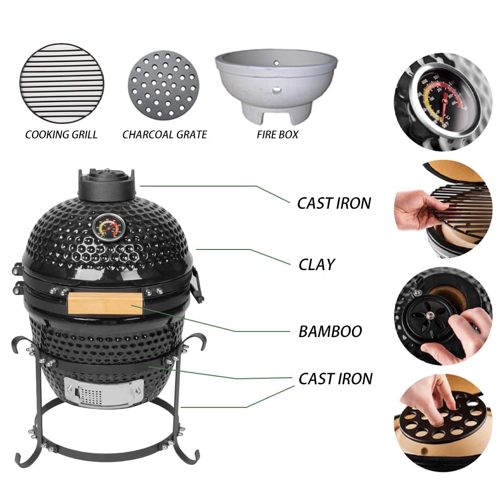 AUPLEX 13" Kamado, Ceramic BBQ Charcoal Grill, Mini Portable Clay Smoker Oven Barbecue Grill for Backyard, Balcony