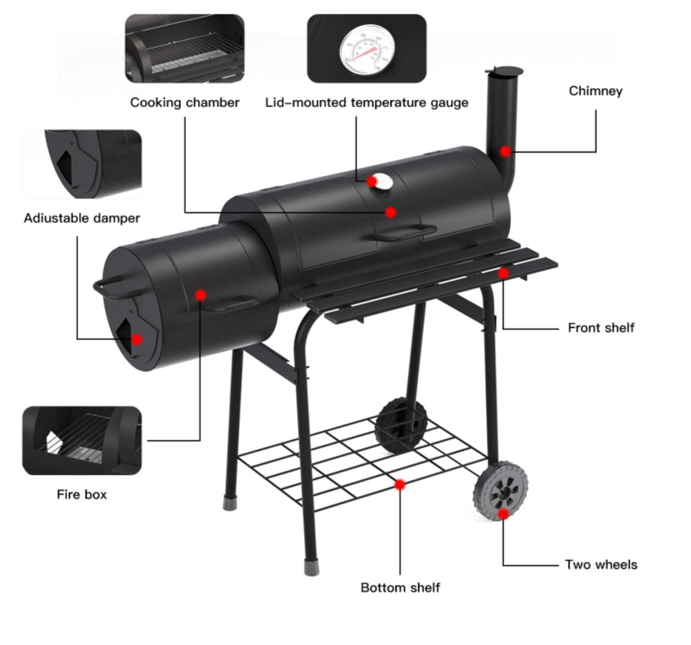 Charcoal grills gas grill weber grill Charcoal Grill Barbecue Oven with Side Fire Box and Offset Smoker, BBQ Outdoor Picnic, Camping, Patio Backyard Cooking