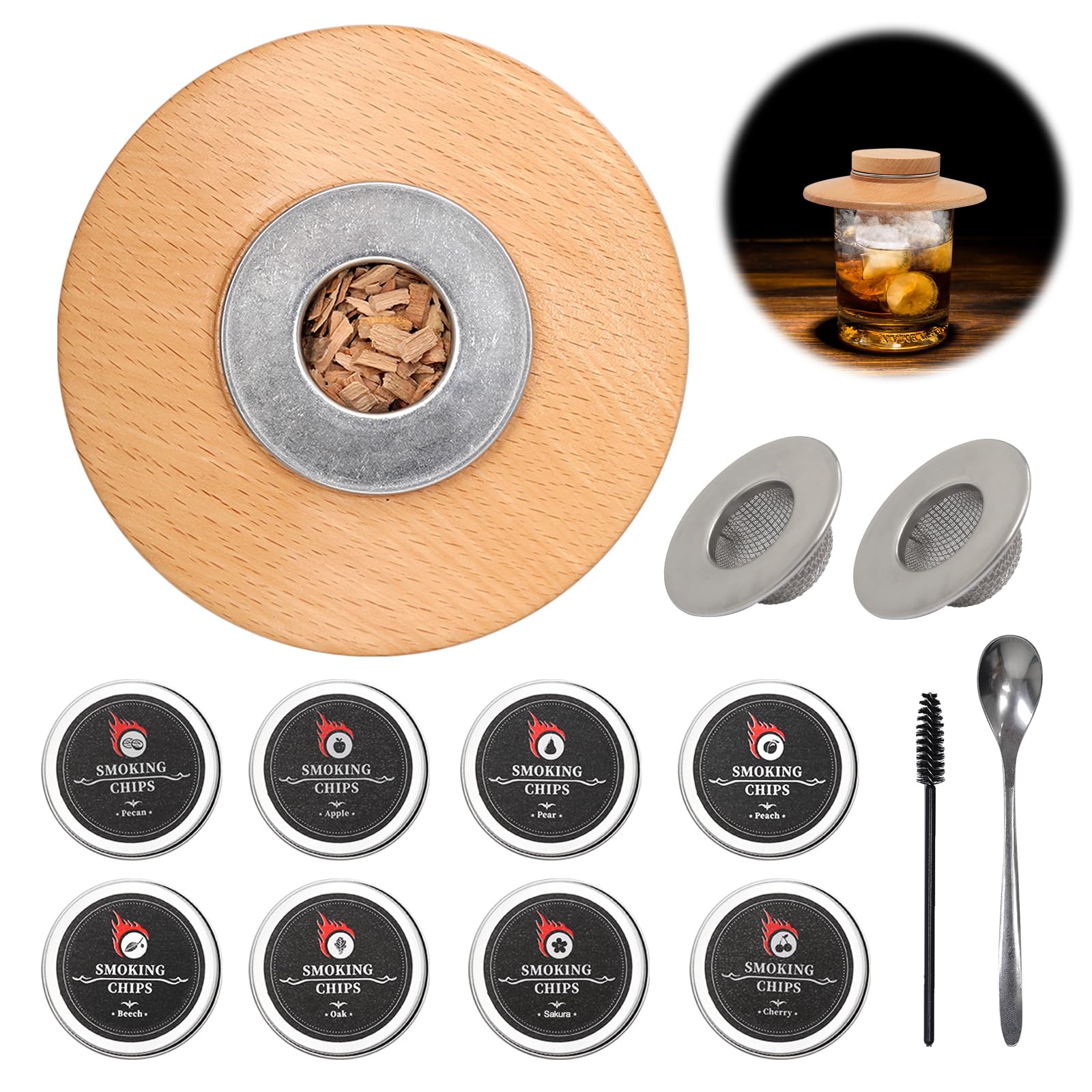 ANCHGPO Cocktail Smoker Kit Smoke Top with 8 Wood Chips for Bourbon/Cocktail Smoker lid, Bar Set, Old Fashioned Drink Smoker Kit Ideal Gift for Men, Dad,Husband(Without Torch)