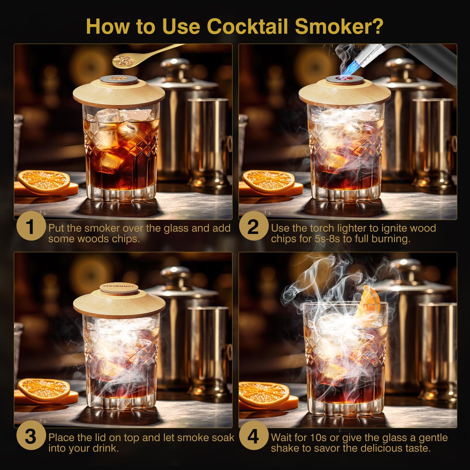 Cocktail Smoker Kit Old Fashioned Drink Smoker Kit with Torch Smoker Infuser for Whiskey Bourbon - 8 Flavors Wood Chips - Gift for Whiskey Lovers, Dad, Husband, Boyfriend, Men (Without Butane)