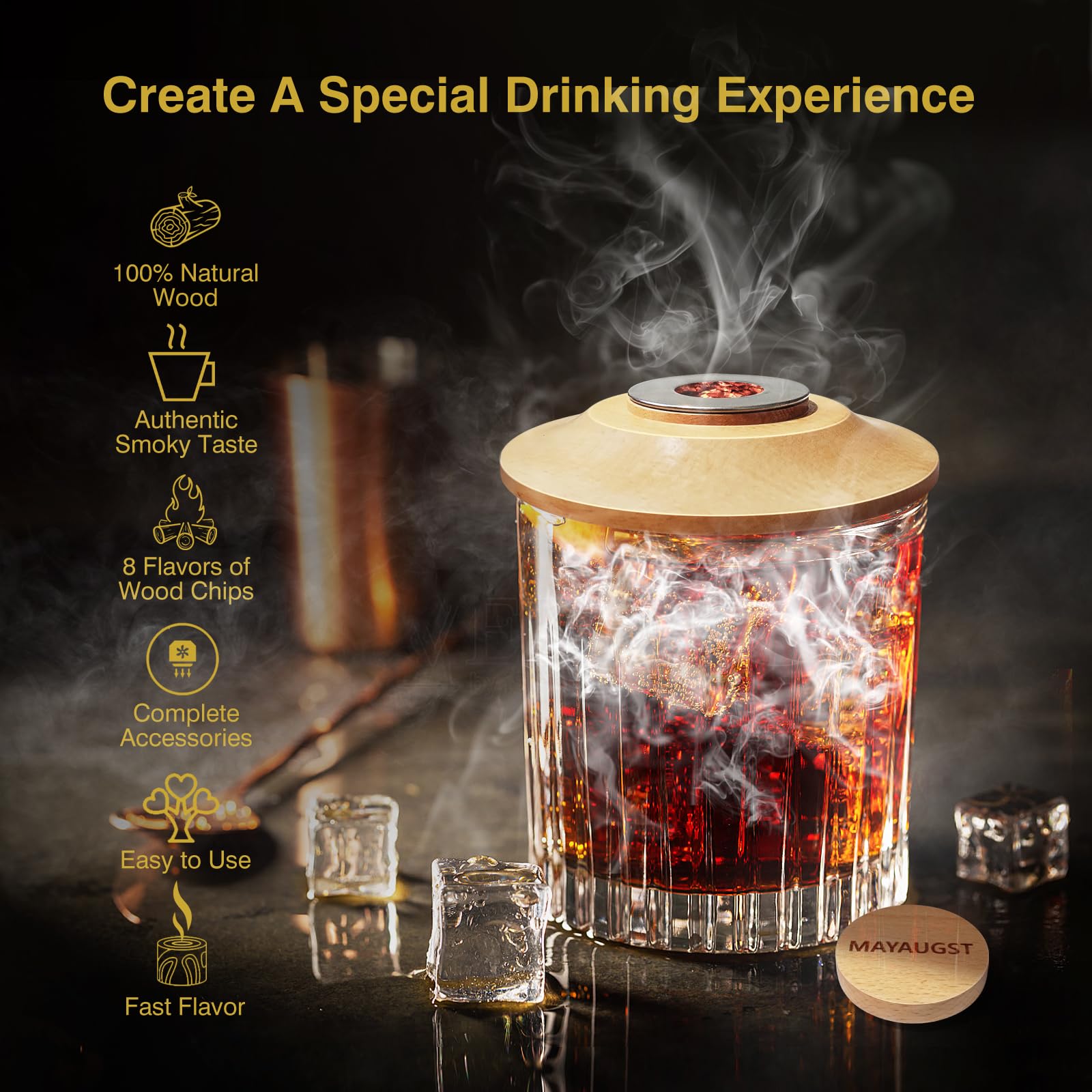 Cocktail Smoker Kit Old Fashioned Drink Smoker Kit with Torch Smoker Infuser for Whiskey Bourbon - 8 Flavors Wood Chips - Gift for Whiskey Lovers, Dad, Husband, Boyfriend, Men (Without Butane)