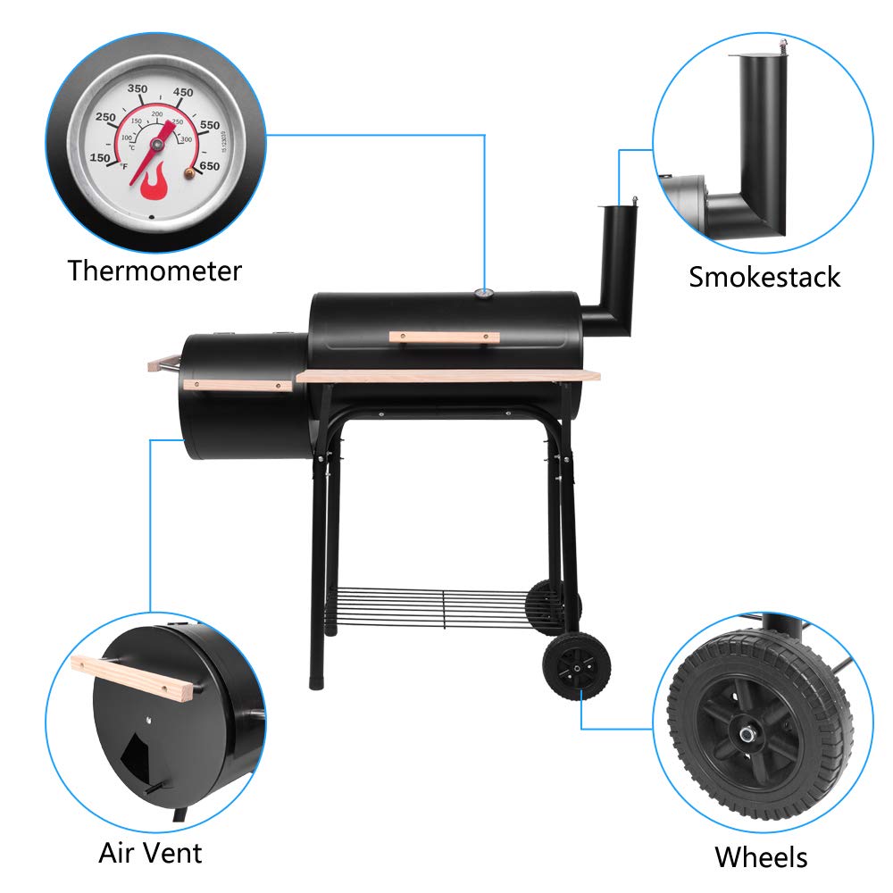 Smaworld Charcoal Smoker Grill BBQ - Outdoor Portable Camping Stove Camp Kitchen Essentials Grills Outdoor Cooking Rack with Cover and Wheels Black