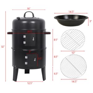 Artudatech 3-in-1 Detachable Vertical Charcoal Smoker Portable BBQ Smoker Grill