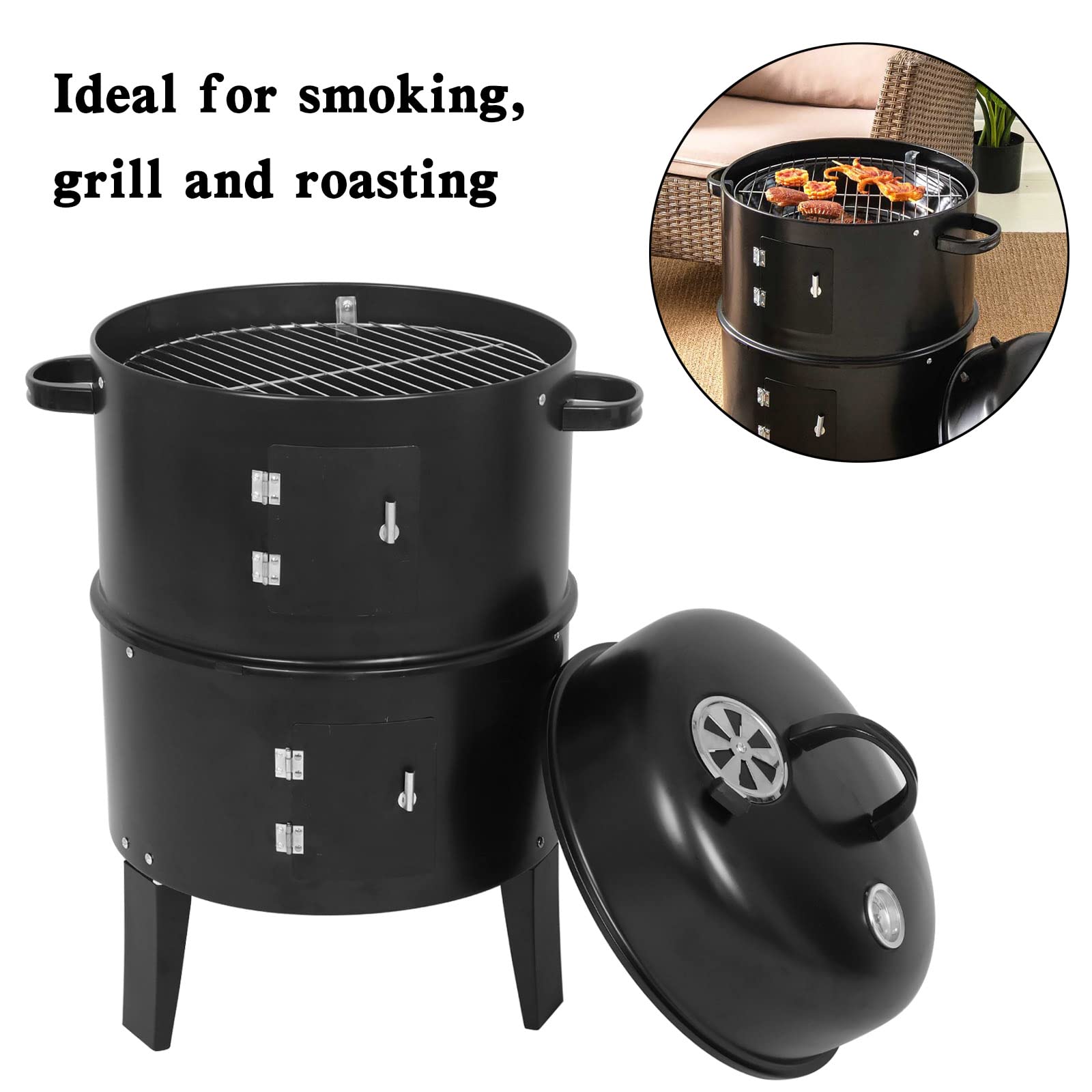 Artudatech 3-in-1 Detachable Vertical Charcoal Smoker Portable BBQ Smoker Grill