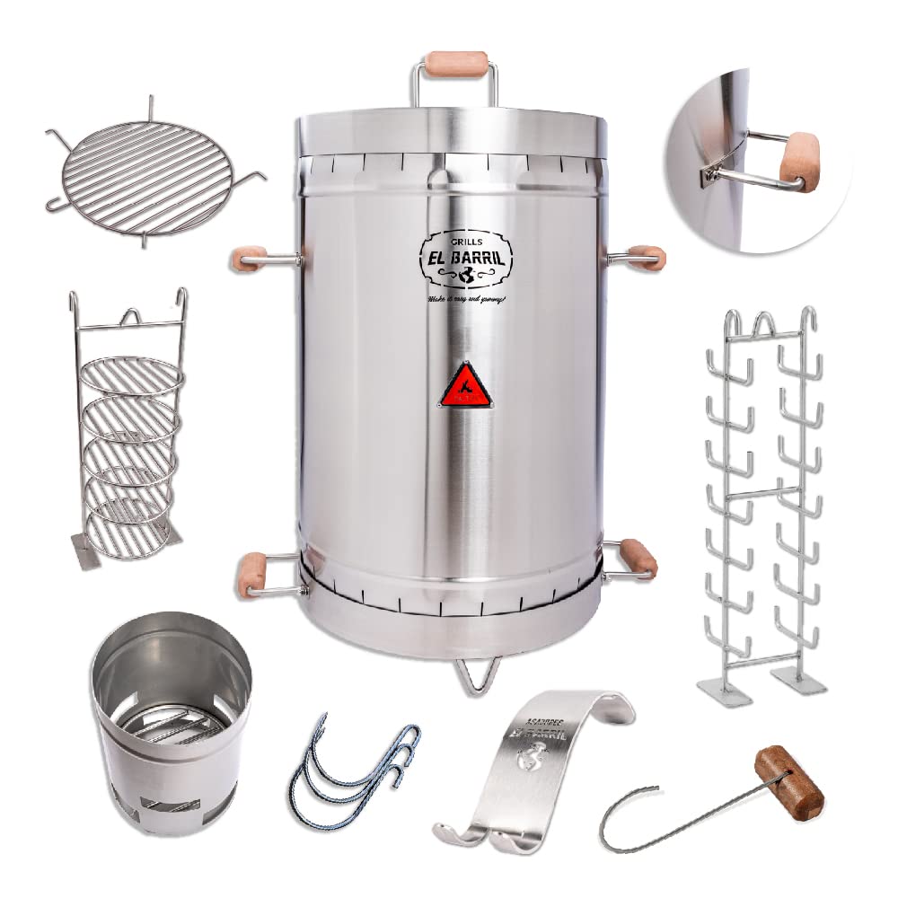 EL BARRIL Grill & Smoker Barrel LARGE Basic Combo| 100% Stainless Steel Barrel with 4 accessories| You can Grill, Smoke, Roast and Bake| Smokeless, Even Heat Distribution & Perfect for Your Meats