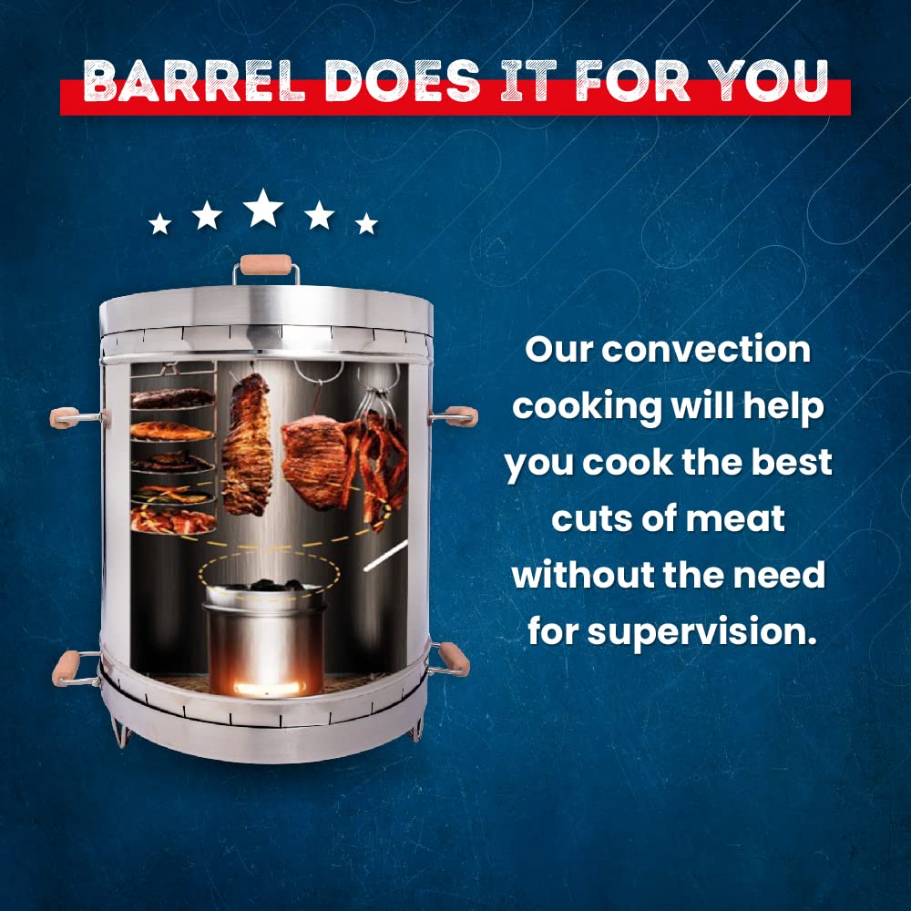 EL BARRIL Grill & Smoker Barrel LARGE Basic Combo| 100% Stainless Steel Barrel with 4 accessories| You can Grill, Smoke, Roast and Bake| Smokeless, Even Heat Distribution & Perfect for Your Meats