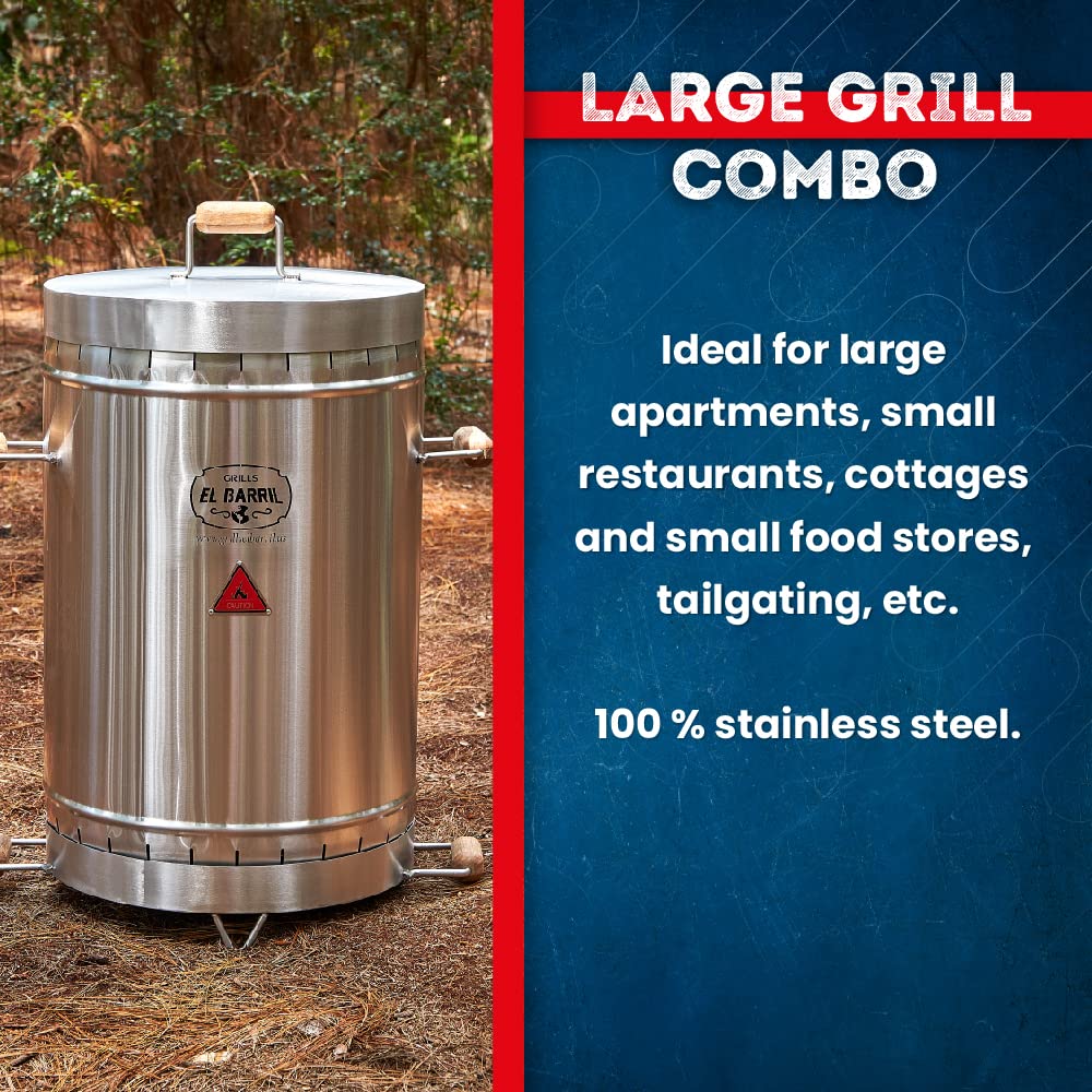 EL BARRIL Grill & Smoker Barrel LARGE Basic Combo| 100% Stainless Steel Barrel with 4 accessories| You can Grill, Smoke, Roast and Bake| Smokeless, Even Heat Distribution & Perfect for Your Meats