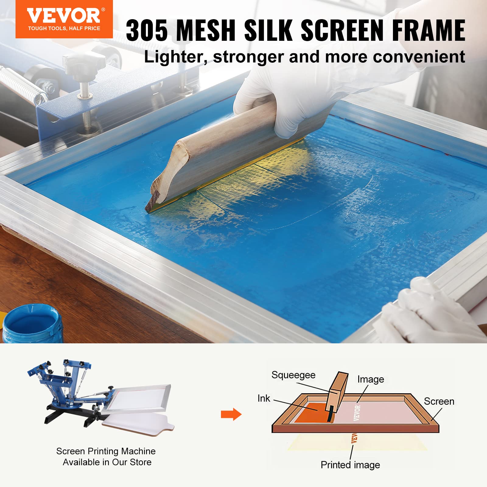 VEVOR Screen Printing Kit, 6 Pieces Aluminum Silk Screen Printing Frames, 20x24inch Silk Screen Printing Frame with 305 Count Mesh, High Tension Nylon Mesh and Sealing Tape for T-Shirts DIY Printing