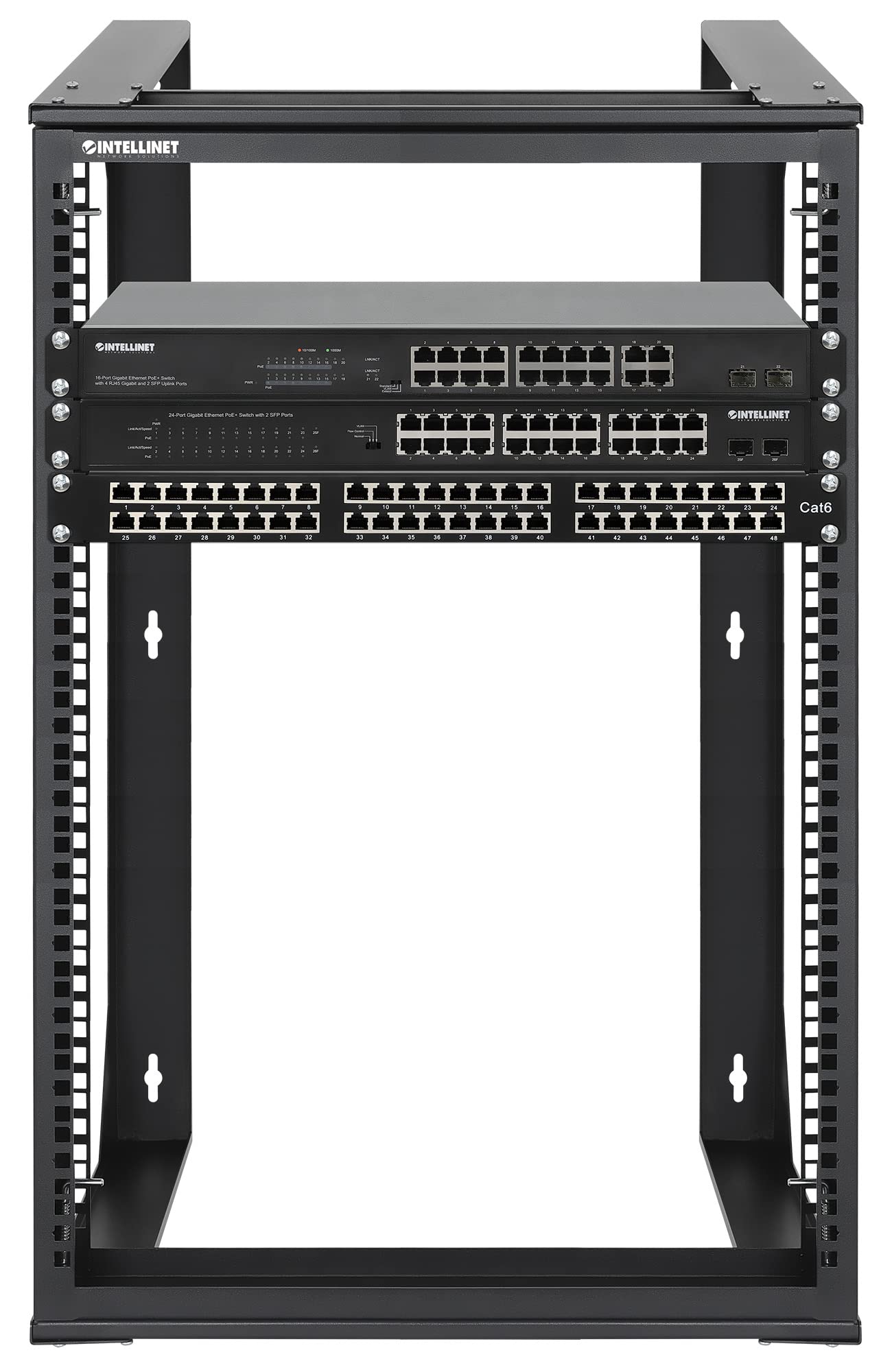 Intellinet 15U 19" 2 Post Open Frame Server Wall Mount Rack - 180 Degree Gate Swing, Flatpacked, Antistatic Powder Coated Steel – for IT Network Equipment & AV Devices – 3 Yr Mfg Warranty – 716208