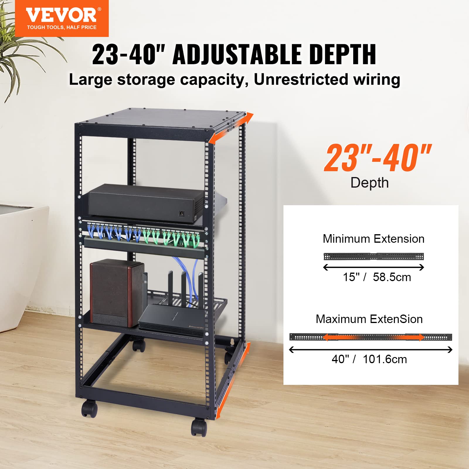 VEVOR 20U Open Frame Server Rack, 23''-40'' Adjustable Depth, Free Standing or Wall Mount Network Server Rack, 4 Post AV Rack with Casters, Holds All Your Networking IT Equipment AV Gear Router Modem