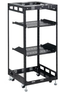 tedgetal 20u open frame rack for servers & av gear - wall mountable design includes 2x vented shelves, 4x leveling feet, 4x casters