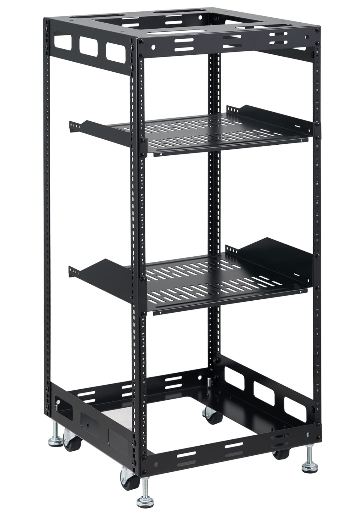 Tedgetal 20U Open Frame Rack for Servers & AV Gear - Wall Mountable Design Includes 2X Vented Shelves, 4X Leveling Feet, 4X Casters