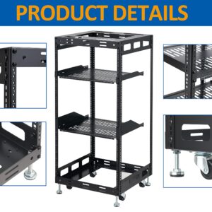 Tedgetal 20U Open Frame Rack for Servers & AV Gear - Wall Mountable Design Includes 2X Vented Shelves, 4X Leveling Feet, 4X Casters