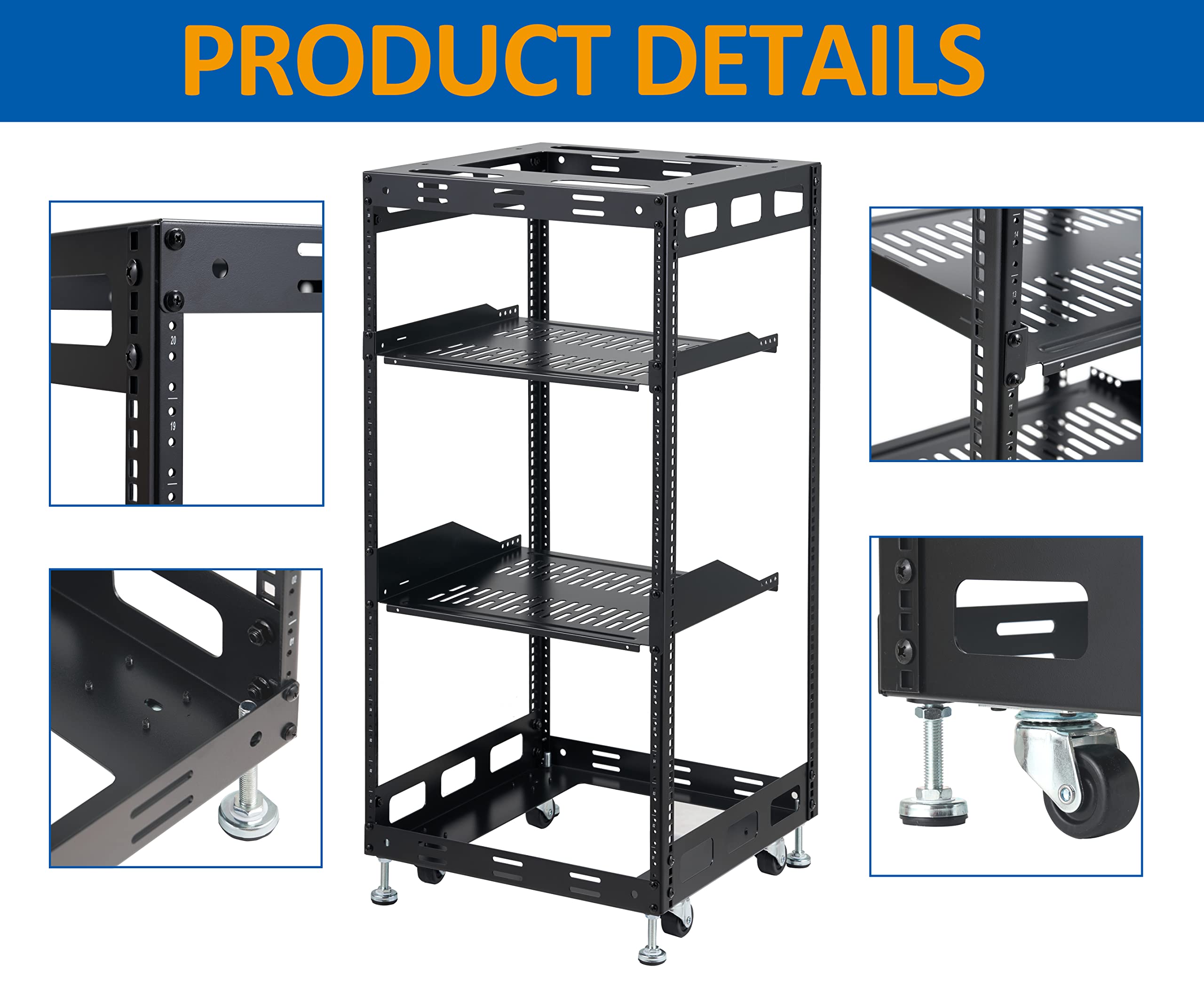 Tedgetal 20U Open Frame Rack for Servers & AV Gear - Wall Mountable Design Includes 2X Vented Shelves, 4X Leveling Feet, 4X Casters