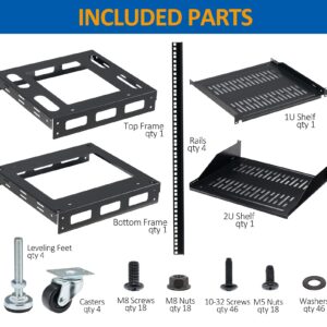 Tedgetal 20U Open Frame Rack for Servers & AV Gear - Wall Mountable Design Includes 2X Vented Shelves, 4X Leveling Feet, 4X Casters