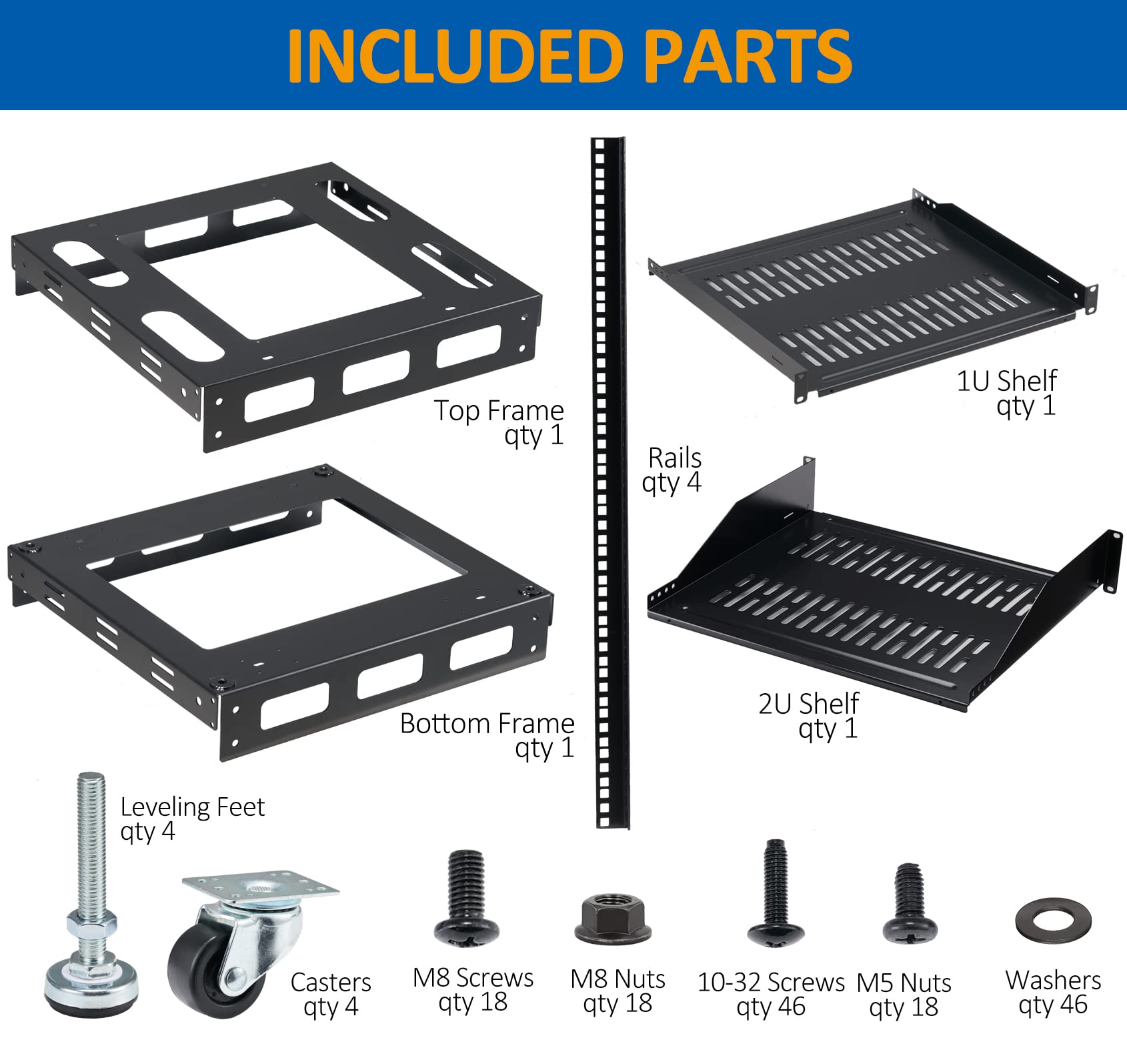 Tedgetal 20U Open Frame Rack for Servers & AV Gear - Wall Mountable Design Includes 2X Vented Shelves, 4X Leveling Feet, 4X Casters