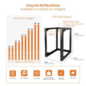 Tecmojo 15U Wall Mount Open Frame Network Rack, Swing Out Hinged Door 18 Inch Depth, Holds Network Servers and AV Equipment, Easy Rear Access to Equipment, Door Opens 180 Degrees from Either Side