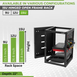 NavePoint 15U Wall Mount Server Rack with Hinged Back, 4-Post 24” Deep, Rear Swing Frame 15U Network Rack Wall Mount for 19 Inch Equipment AV IT Easy Cable Management, Black