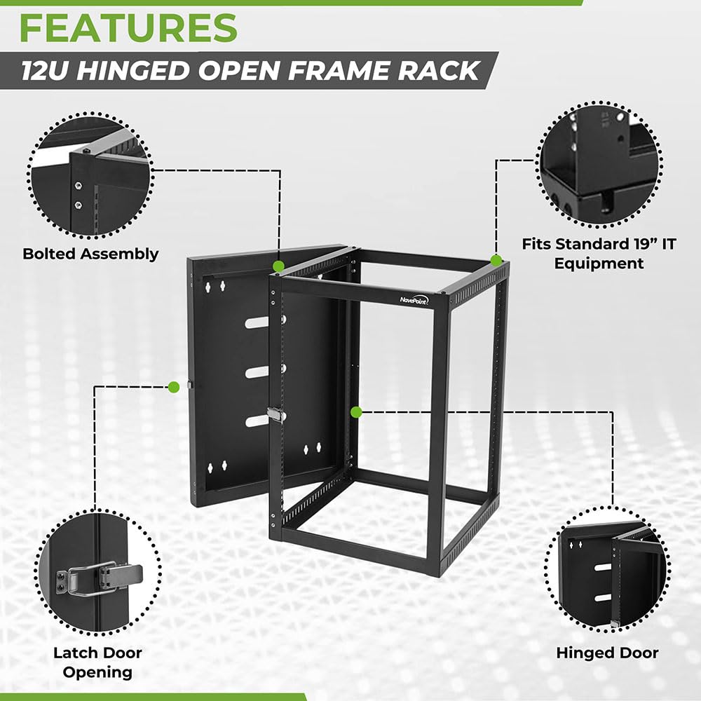 NavePoint 15U Wall Mount Server Rack with Hinged Back, 4-Post 24” Deep, Rear Swing Frame 15U Network Rack Wall Mount for 19 Inch Equipment AV IT Easy Cable Management, Black