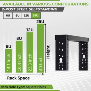 NavePoint 25U 2 Post Open Frame Server Rack for 19 Inch Equipment, AV, Networking, Data & IT Devices, 2-Post Rack 25U 881lbs Weight Capacity, Black