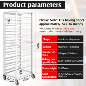 Jinei 20 Tier Aluminum Sheet Pan Rack, Commercial Bakery Rack with Wheels Baking Rack Bun Rack Pizza Pan Rack for Kitchen, Restaurant, Cafeteria, Hotel, Home, 25'' L X19'' W X70'' H