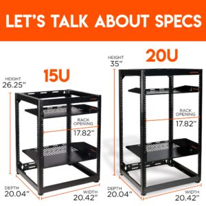 ECHOGEAR 20U Open Frame Rack for Servers & AV Gear - Wall Mountable Design Includes 2X Vented Shelves, 25x Rack Mounting Screws, 4X Leveling Feet, 4X Shelf Stops, & 2X Securement Straps