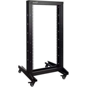 navepoint 22u 2 post open frame server rack with casters for 19 inch equipment, networking, and it devices, 2-post rack 330lbs weight capacity, black