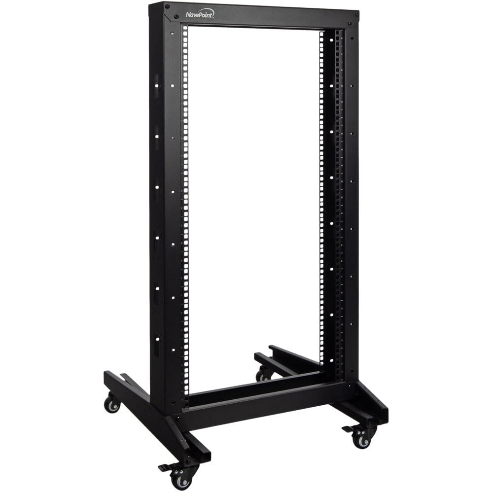 NavePoint 22U 2 Post Open Frame Server Rack with Casters for 19 Inch Equipment, Networking, and IT Devices, 2-Post Rack 330lbs Weight Capacity, Black