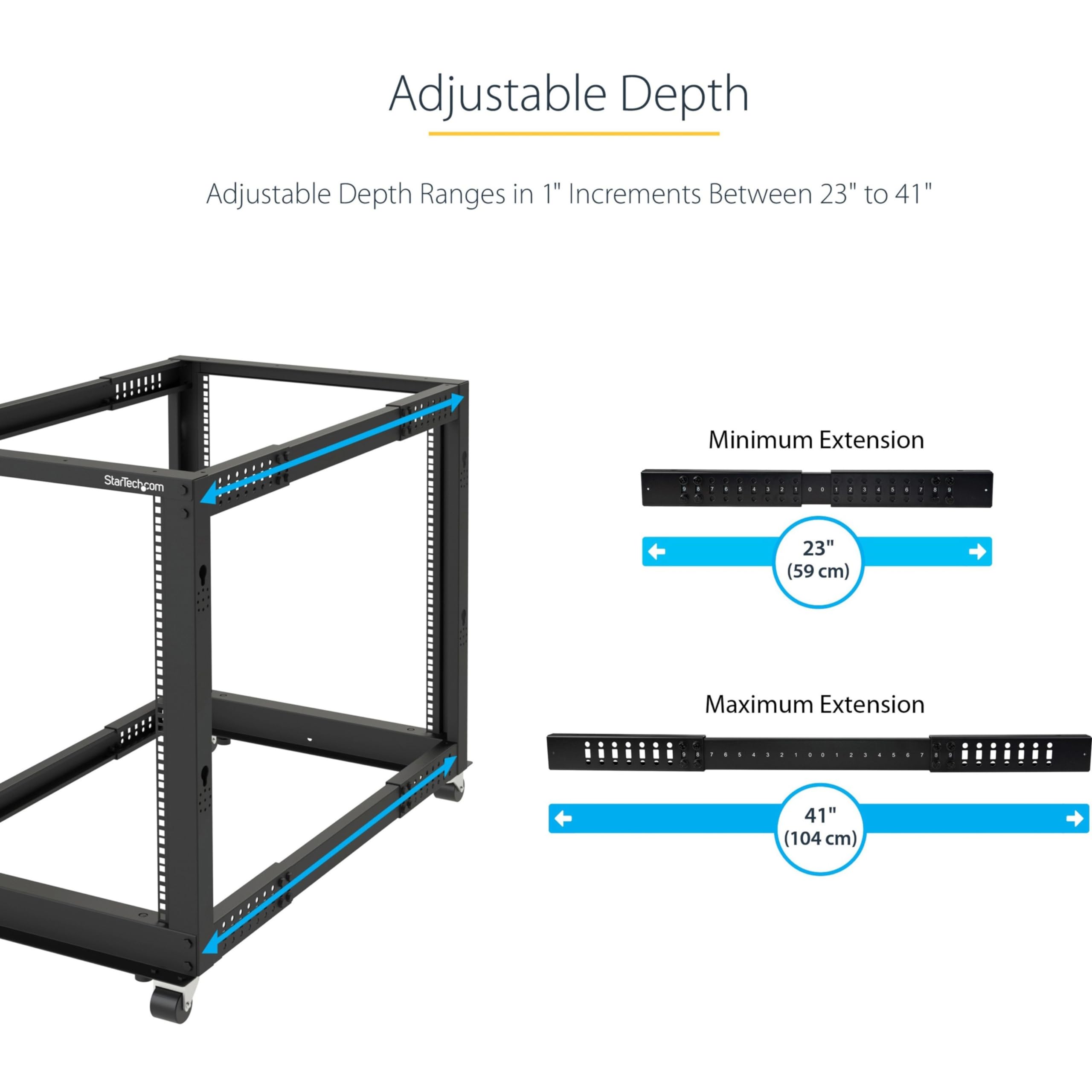 StarTech.com 4-Post 15U Mobile Open Frame Server Rack, 19in Network Rack with Wheels, Rolling Rack for Computer/AV/Data/IT Equipment - Casters, Leveling Feet or Floor Mounting (4POSTRACK15U)