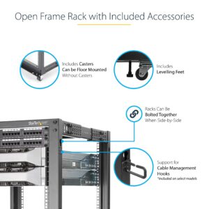 StarTech.com 4-Post 15U Mobile Open Frame Server Rack, 19in Network Rack with Wheels, Rolling Rack for Computer/AV/Data/IT Equipment - Casters, Leveling Feet or Floor Mounting (4POSTRACK15U)