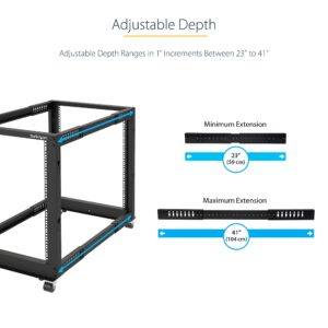 StarTech.com 4-Post 15U Mobile Open Frame Server Rack, 19in Network Rack with Wheels, Rolling Rack for Computer/AV/Data/IT Equipment - Casters, Leveling Feet or Floor Mounting (4POSTRACK15U)