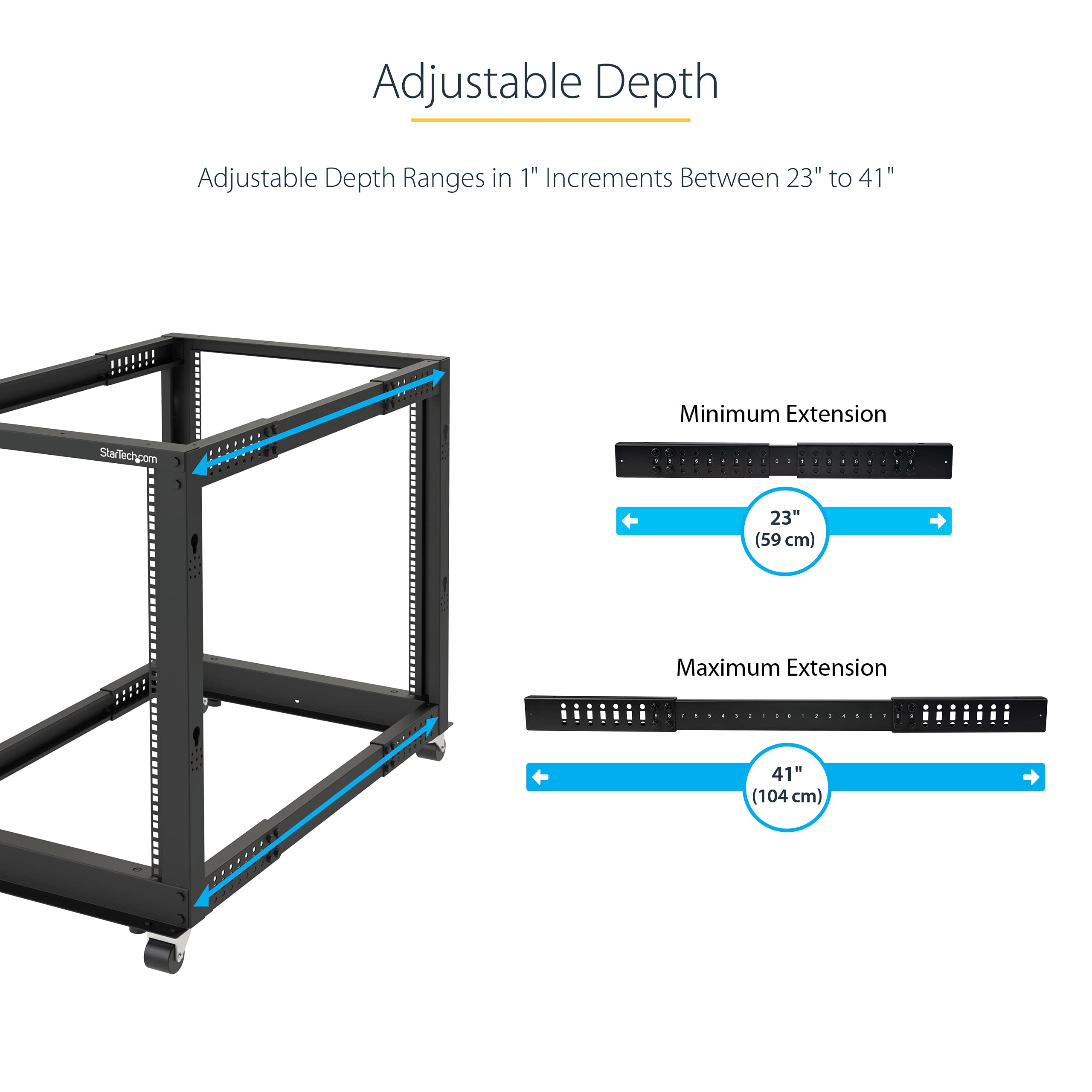 StarTech.com 4-Post 15U Mobile Open Frame Server Rack, 19in Network Rack with Wheels, Rolling Rack for Computer/AV/Data/IT Equipment - Casters, Leveling Feet or Floor Mounting (4POSTRACK15U)