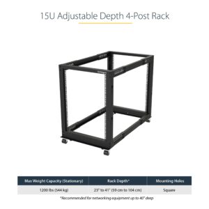 StarTech.com 4-Post 15U Mobile Open Frame Server Rack, 19in Network Rack with Wheels, Rolling Rack for Computer/AV/Data/IT Equipment - Casters, Leveling Feet or Floor Mounting (4POSTRACK15U)