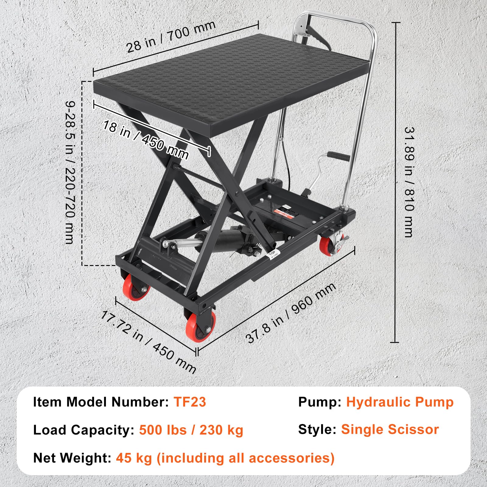 VEVOR Hydraulic Lift Table Cart, 500lbs Capacity 28.5" Lifting Height, Manual Single Scissor Lift Table with 4 Wheels and Non-Slip Pad, Hydraulic Scissor Cart for Material Handling, Black