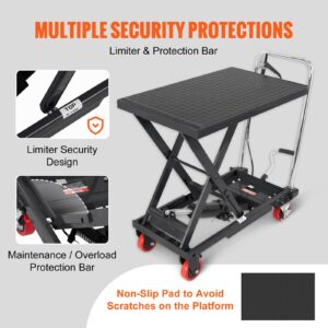 VEVOR Hydraulic Lift Table Cart, 500lbs Capacity 28.5" Lifting Height, Manual Single Scissor Lift Table with 4 Wheels and Non-Slip Pad, Hydraulic Scissor Cart for Material Handling, Black