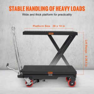 VEVOR Hydraulic Lift Table Cart, 500lbs Capacity 28.5" Lifting Height, Manual Single Scissor Lift Table with 4 Wheels and Non-Slip Pad, Hydraulic Scissor Cart for Material Handling, Black