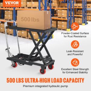 VEVOR Hydraulic Lift Table Cart, 500lbs Capacity 28.5" Lifting Height, Manual Single Scissor Lift Table with 4 Wheels and Non-Slip Pad, Hydraulic Scissor Cart for Material Handling, Black