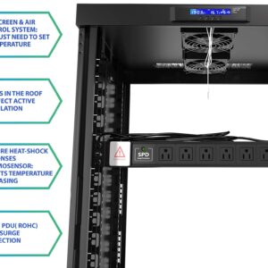 Sysracks 18U 35 inch Deep Server Rack Cabinet It Enclosure - Cooling Fans - LCD Screen - Thermostat - PDU - Casters - 2 Fans – Shelf