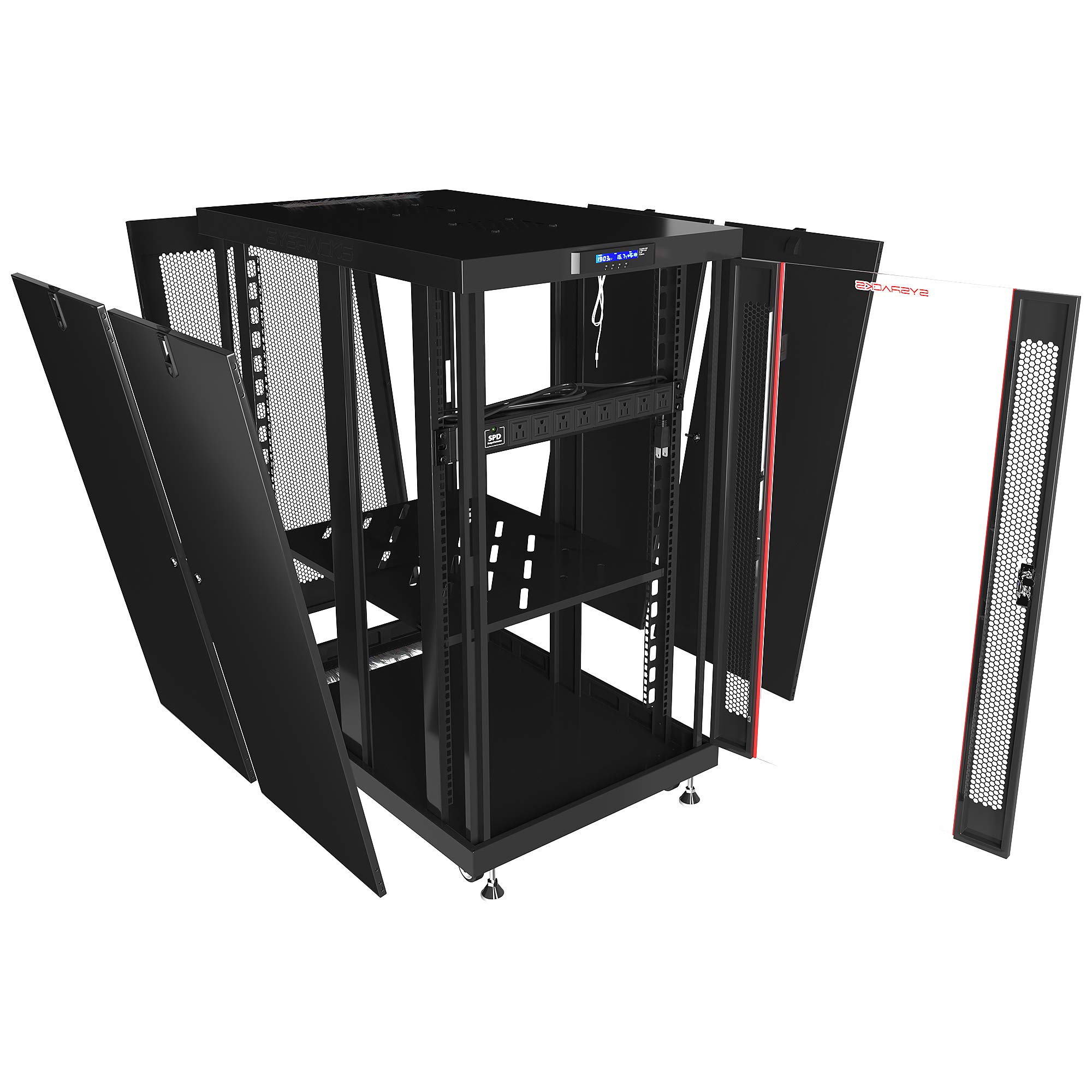 Sysracks 18U 35 inch Deep Server Rack Cabinet It Enclosure - Cooling Fans - LCD Screen - Thermostat - PDU - Casters - 2 Fans – Shelf