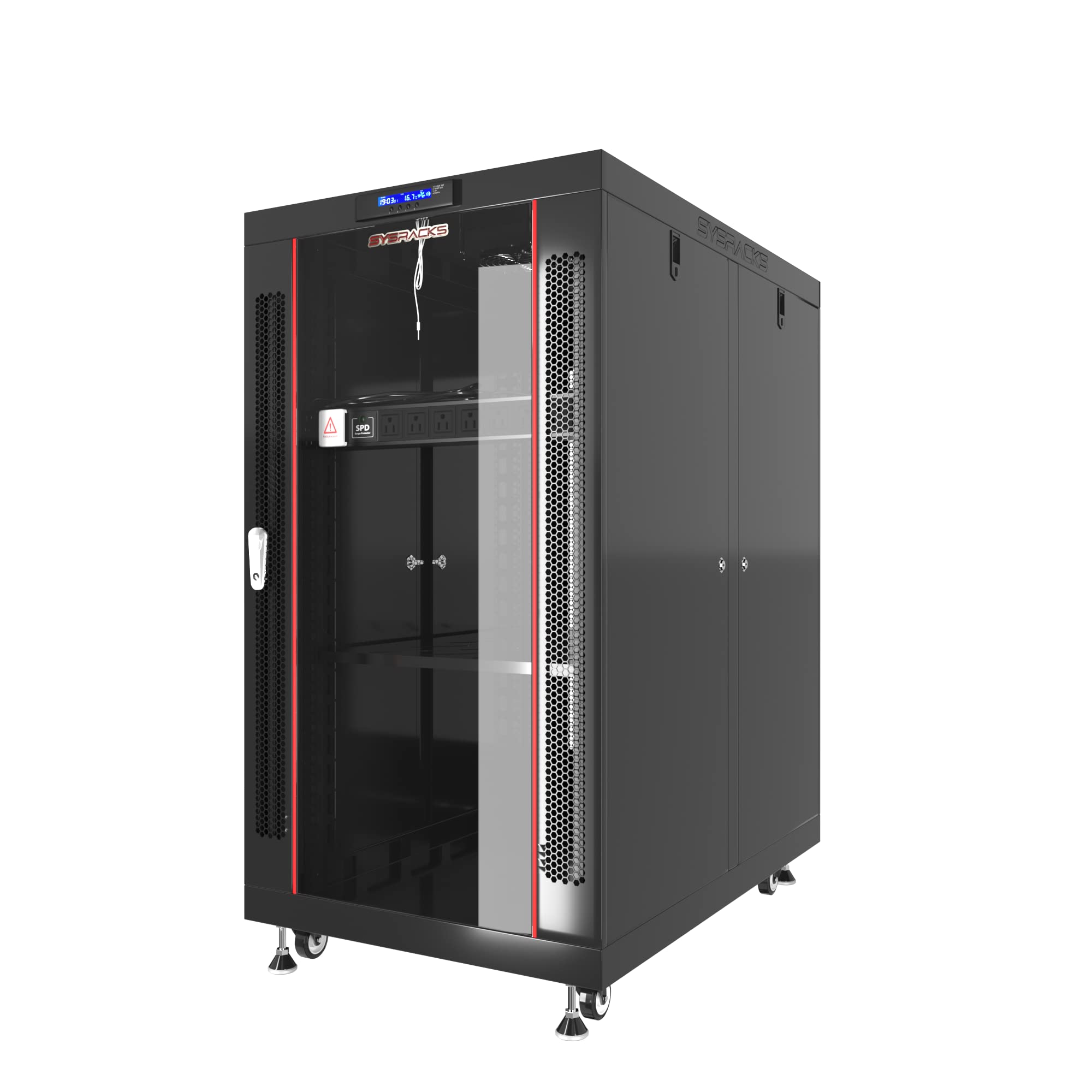 Sysracks 18U 35 inch Deep Server Rack Cabinet It Enclosure - Cooling Fans - LCD Screen - Thermostat - PDU - Casters - 2 Fans – Shelf