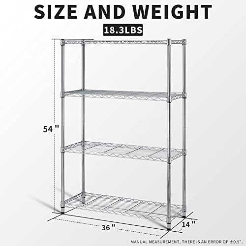 HCY 4-Tier, Shelf Heavy Duty, Shelving Unit NSF Height Adjustable Metal Storage Rack for Laundry Bathroom Kitchen Garage Pantry Organization 1000 LBS Capacity -14''x36''x54'' (Chrome)