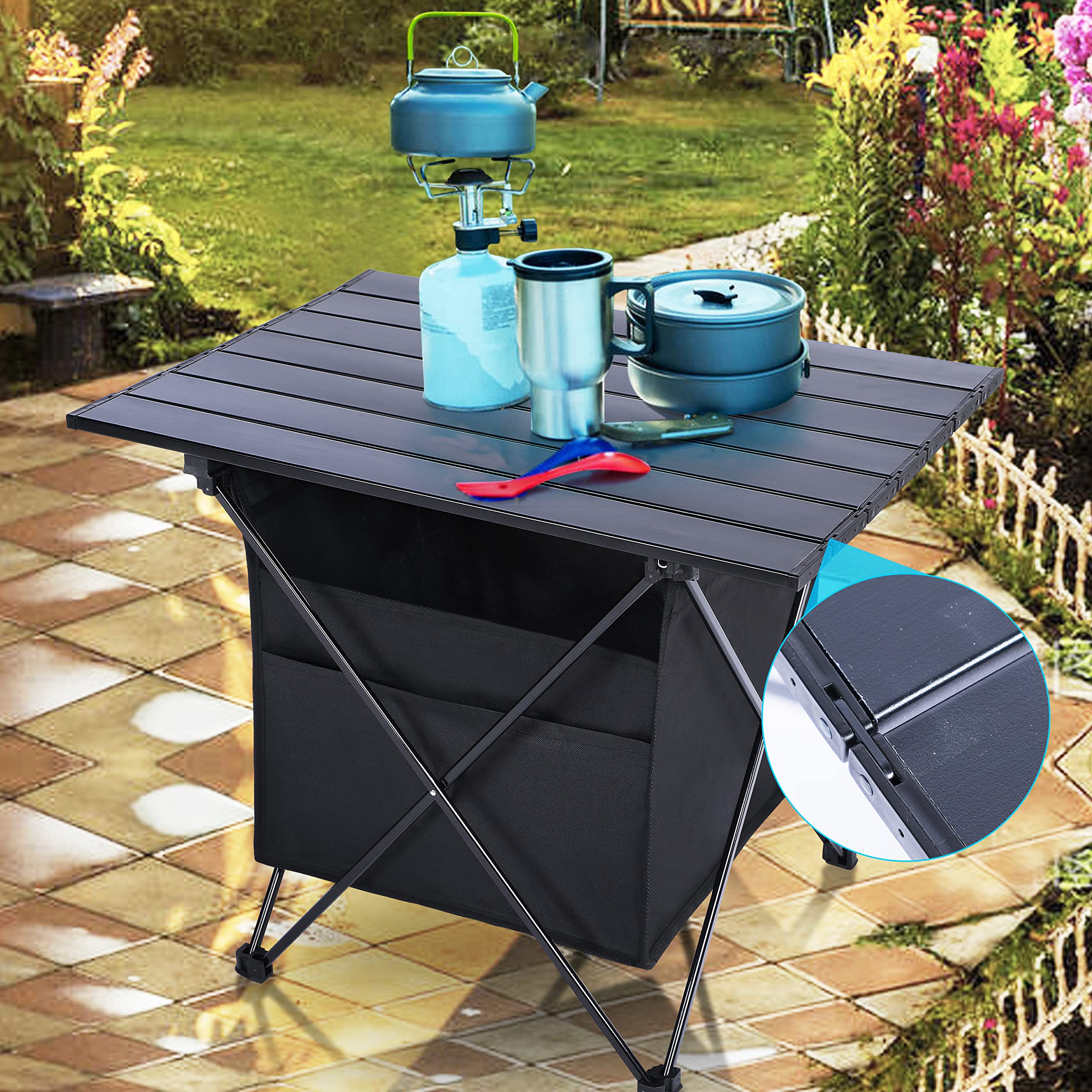 YSSOA Portable Folding Aluminum Alloy Table with High-Capacity Storage and Carry Bag for Camping, Traveling, Hiking, Fishing, Beach, BBQ, Medium, Black