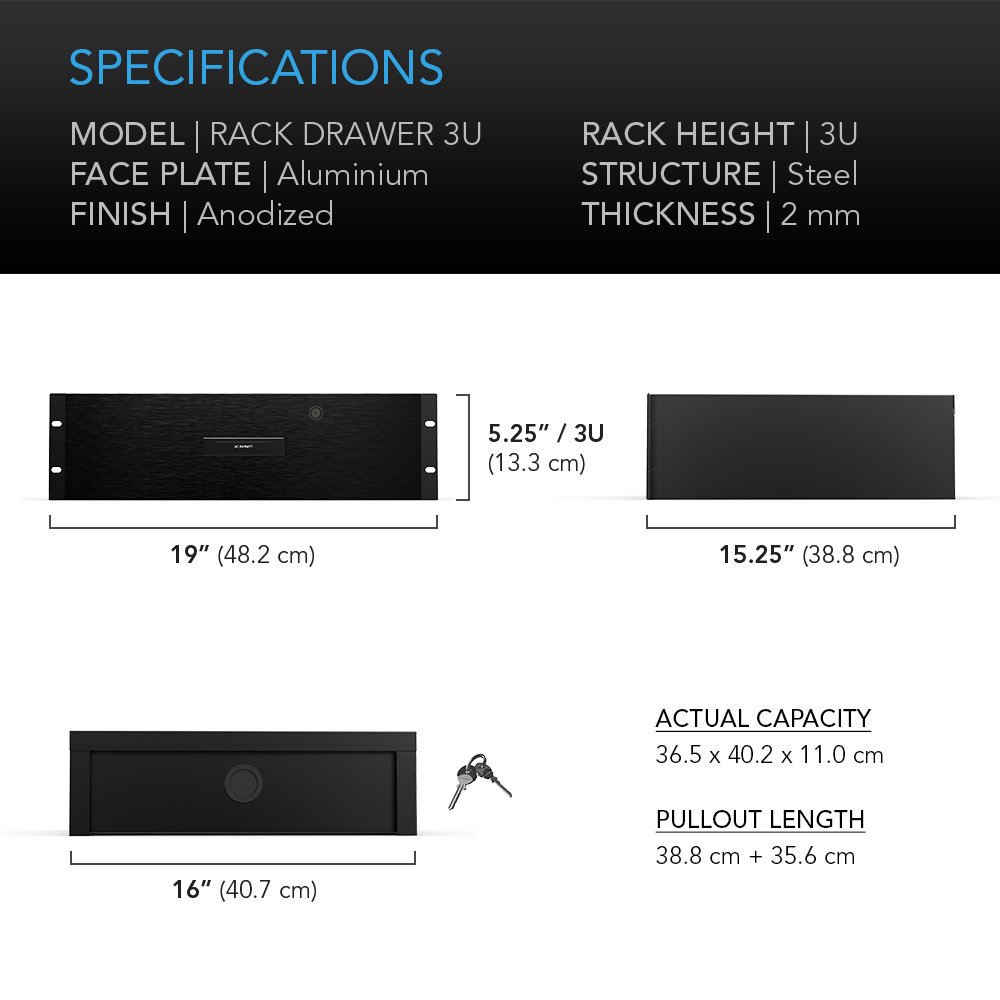 AC Infinity Rack Mount Drawer 4U with Aluminum Faceplate, with Lock and Key, for 19” Equipment Server AV DJ Cabinets Racks