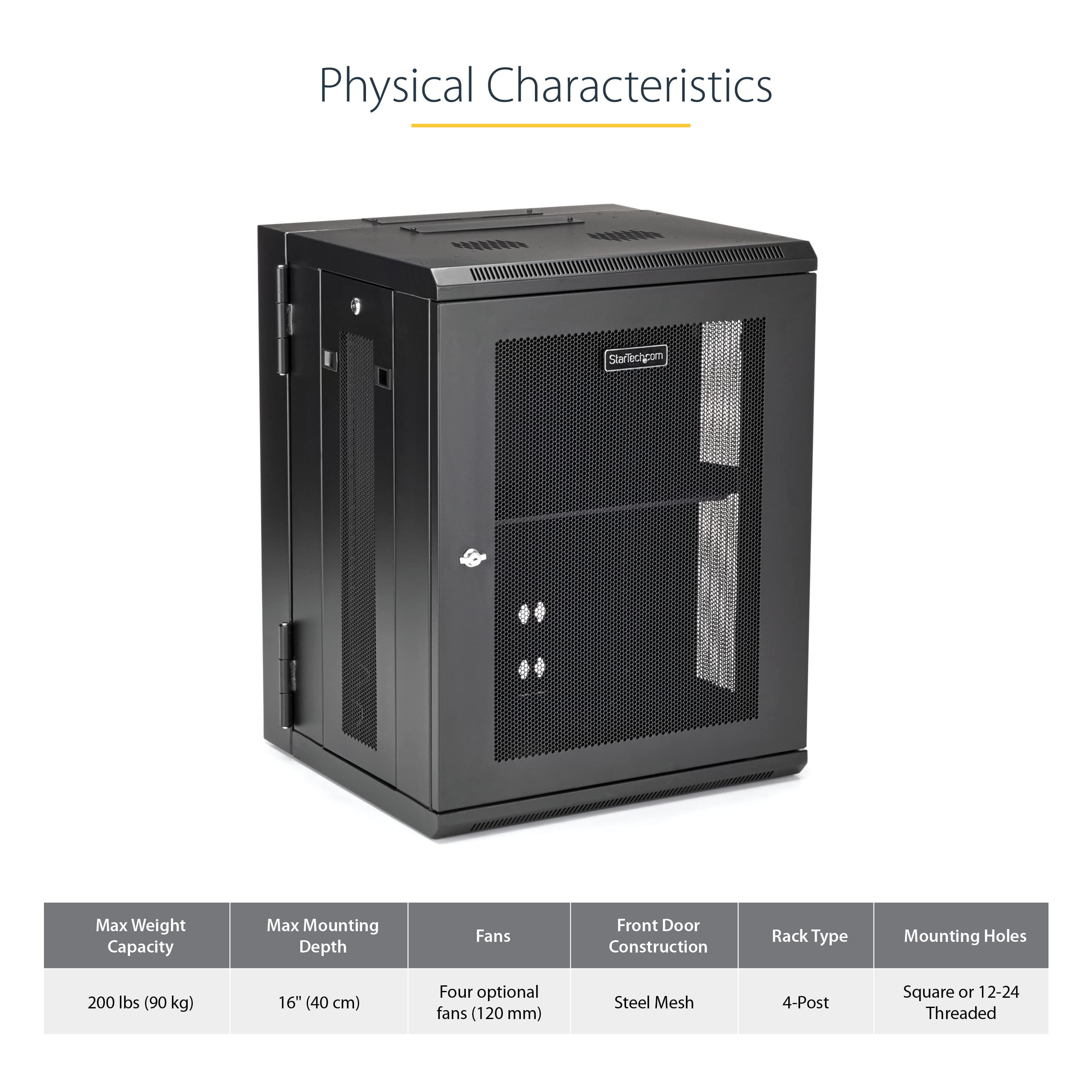 StarTech.com 4-Post 15U Wall Mount Network Cabinet w/ 1U Shelf, 19" Wall-Mounted Server Rack for IT / Data Computer Equipment