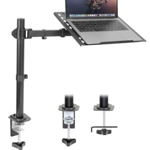 mount-it! laptop desk mount, fully adjustable ergonomic laptop arm with vented tray, cable management, clamp and grommet base, fits laptops up to 17 inches, black