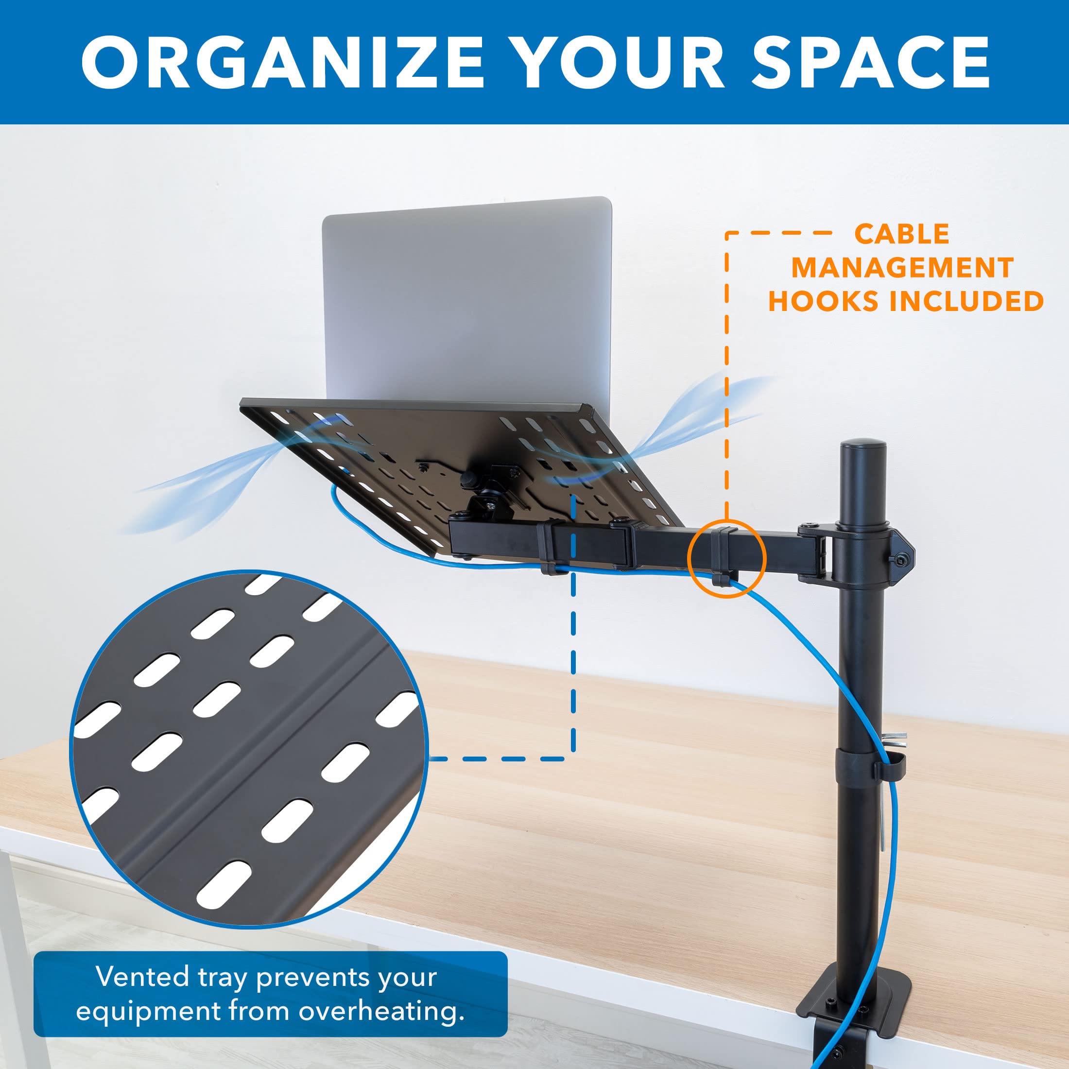 Mount-It! Laptop Desk Mount, Fully Adjustable Ergonomic Laptop Arm with Vented Tray, Cable Management, Clamp and Grommet Base, Fits Laptops up to 17 Inches, Black