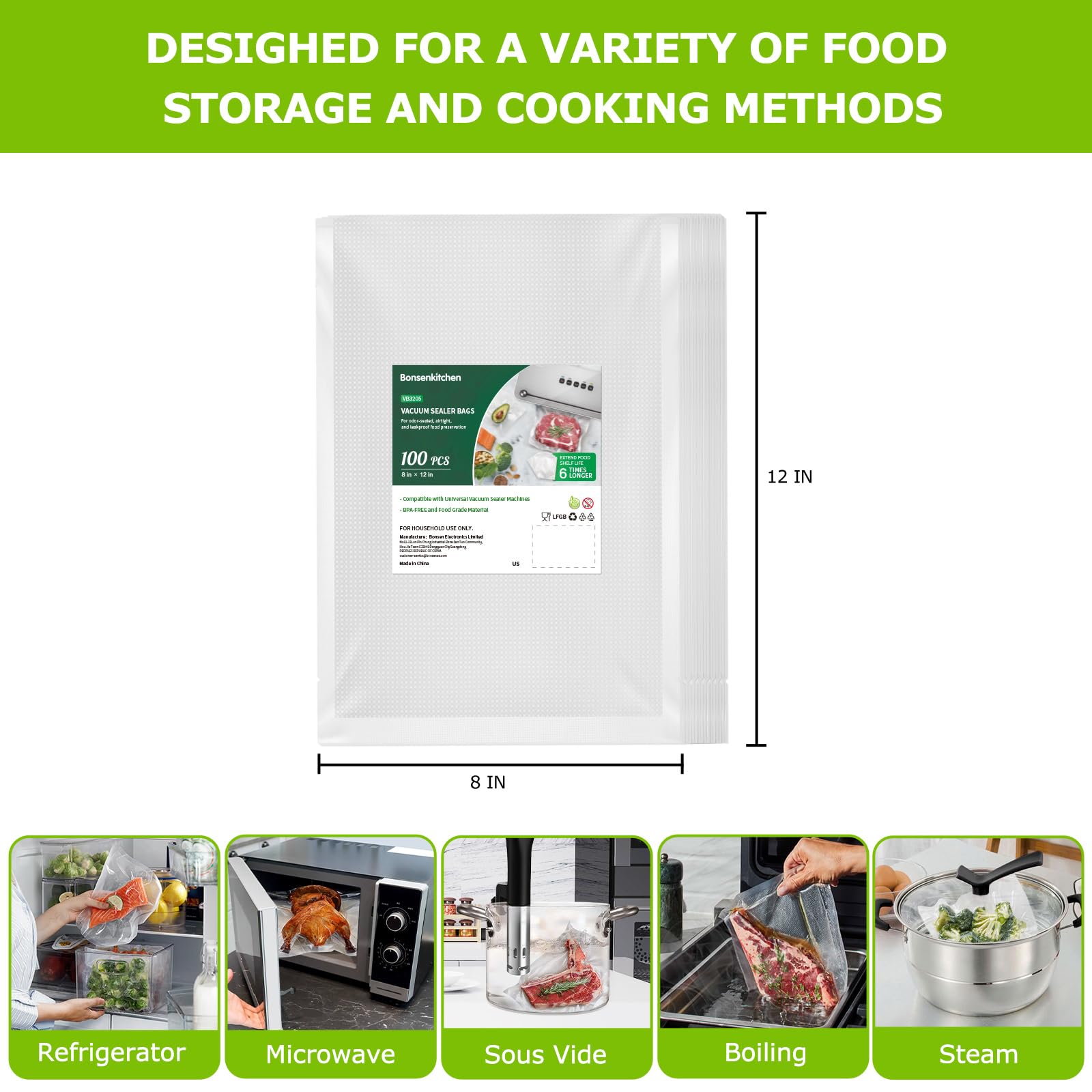 Bonsenkitchen Vacuum Food Sealer Bags 100 Quart 8" x 12", BPA Free, Commercial Grade Textured Food Vacuum Sealer Bag, Thick Embossed Bags for Food Storage and Sous Vide Cooking VB3205