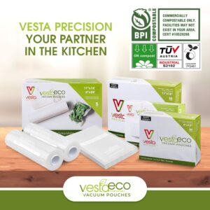 VestaEco Chamber Machine Vacuum Pouches - Certified Commercially Compostable - Flat and Clear Vacuum Sealer Bags - Great for Food Storage and Sous Vide - 8 x 12 inches - 50 Vacuum Seal Bags Per Box